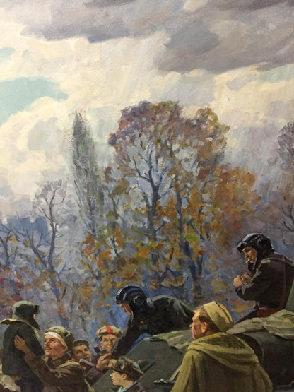 Oil painting We have returned by Petukhov Vasily Afanasevich, soldiers in autumn forest
