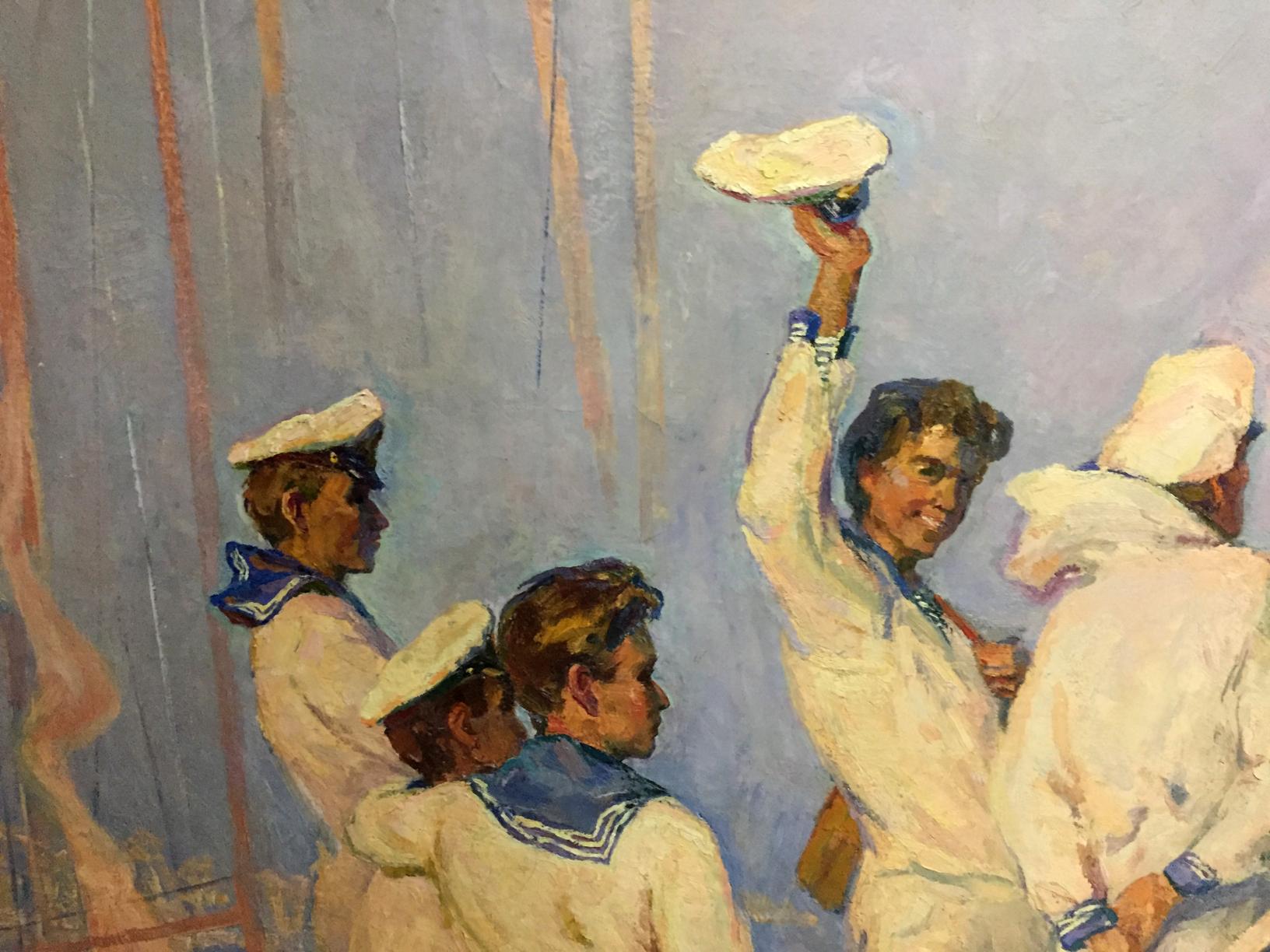 White sailor hat with dark blue band from Oil painting Sails of our youth by Pavlyuk Georgy Nikolaevich