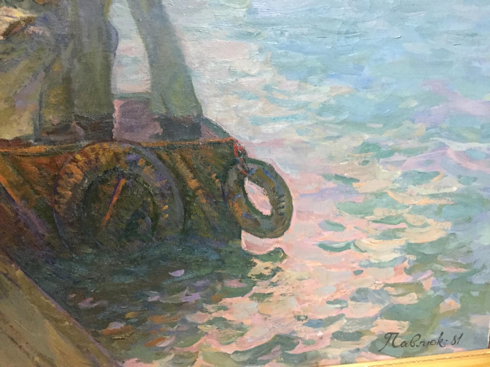 Weathered dark green life preserver on rustic boat in Pavlyuk painting