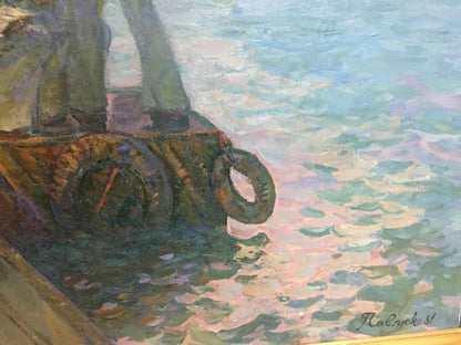 Weathered dark green life preserver on rustic boat in Pavlyuk painting