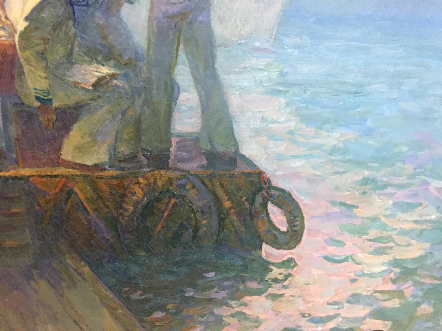 Rusty weathered metal wheel in Oil painting Sails of our youth by Pavlyuk Georgy Nikolaevich
