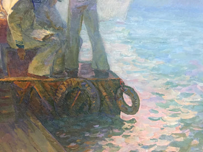 Rusty weathered metal wheel in Oil painting Sails of our youth by Pavlyuk Georgy Nikolaevich
