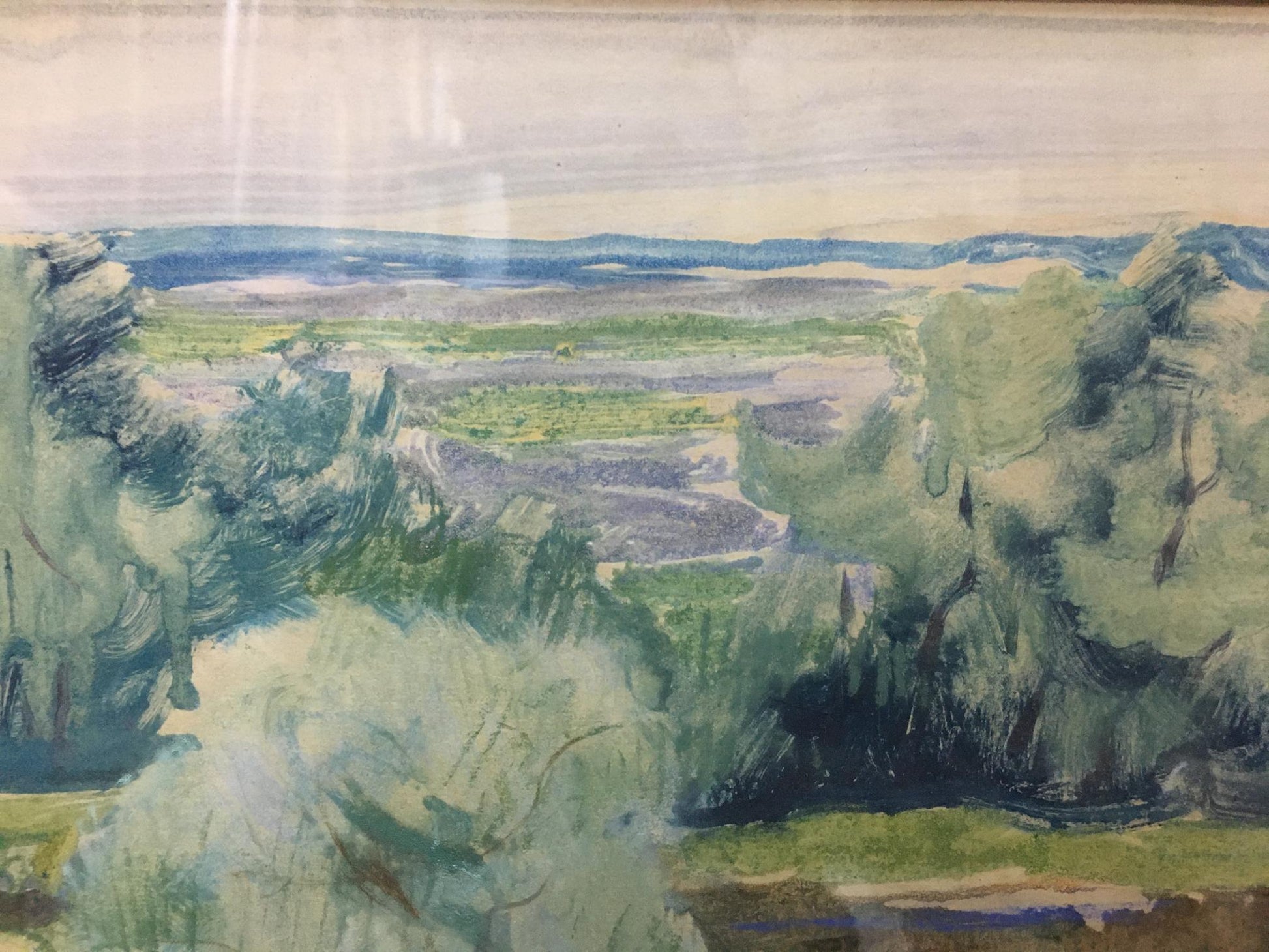 Watercolor landscape by Glushchenko Nikolay Petrovich: green hills, blue-green trees