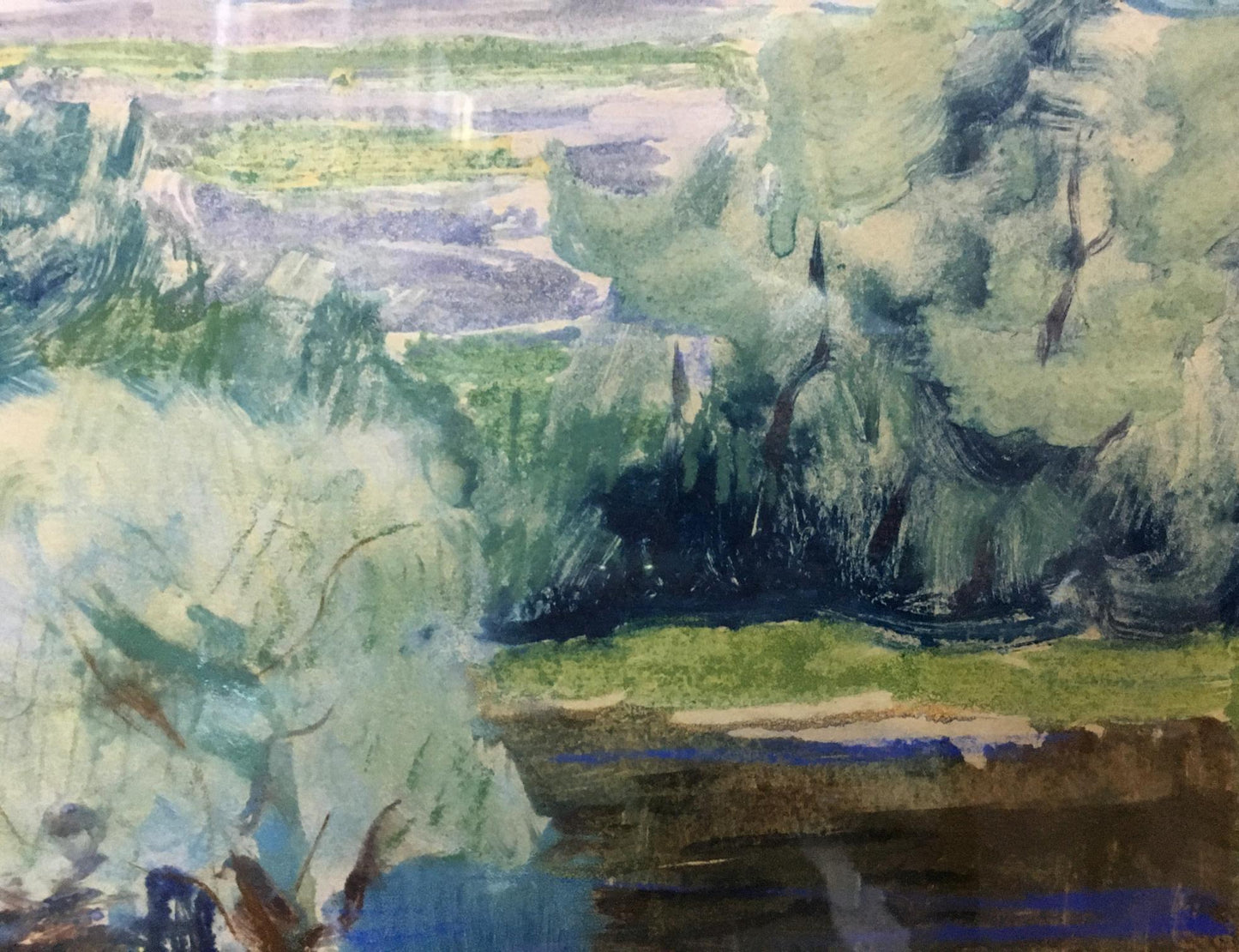 Watercolor landscape by Glushchenko Nikolay Petrovich with lush green trees and reflective river
