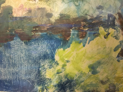 Watercolor landscape painting by Glushchenko Nikolay Petrovich with abstract textured brushstrokes in blues greens yellows and earthy browns