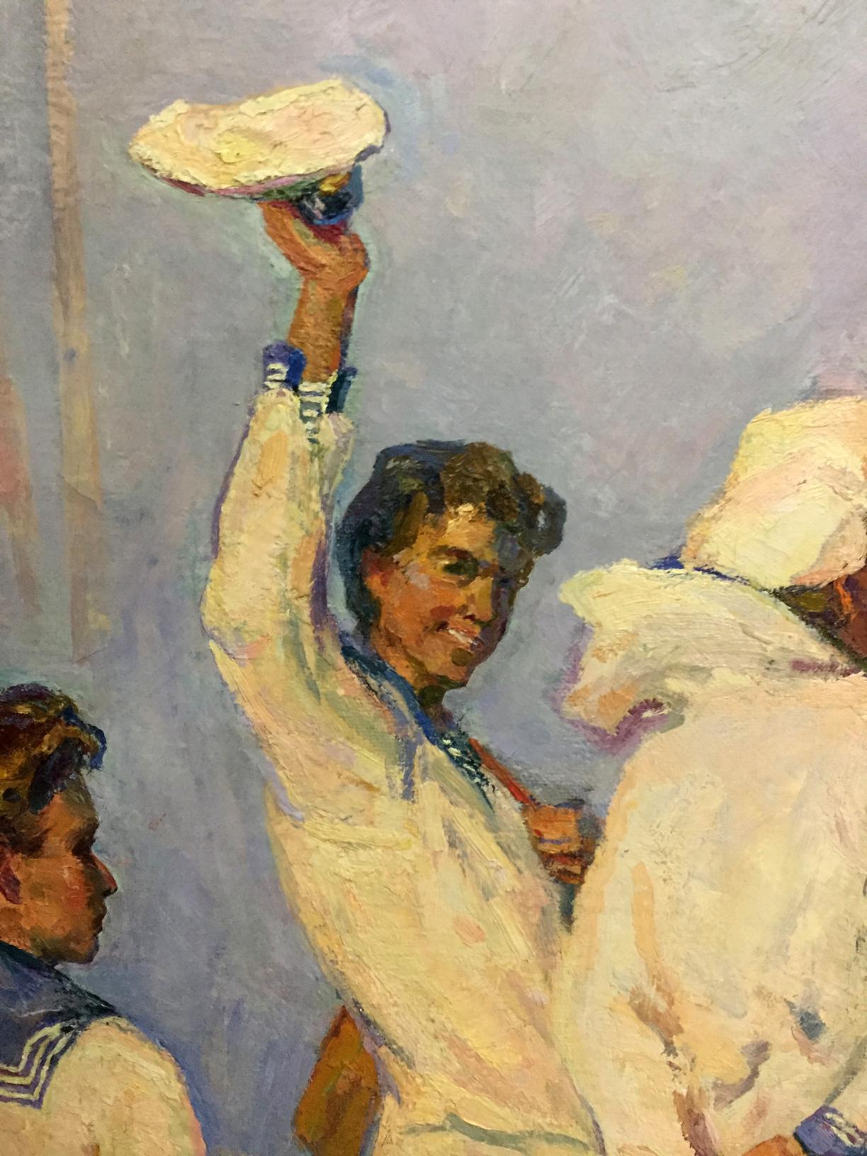 Oil painting Sails of Our Youth by Pavlyuk Georgy Nikolaevich, man in white with hat