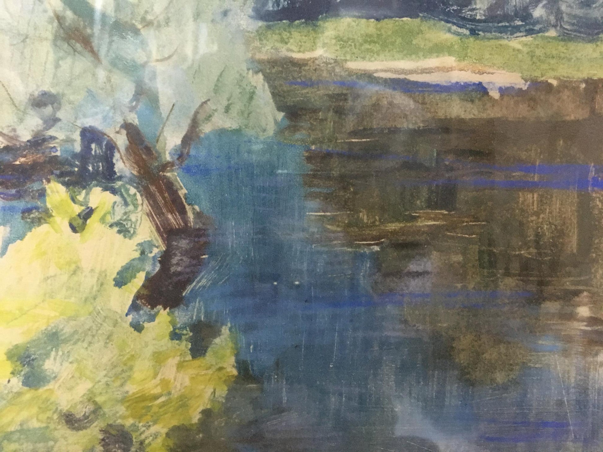 Glushchenko Nikolay Petrovich watercolor landscape: brown bird on yellow foliage by blue water