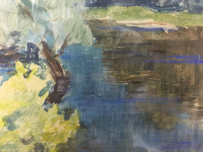 Glushchenko Nikolay Petrovich watercolor landscape: brown bird on yellow foliage by blue water
