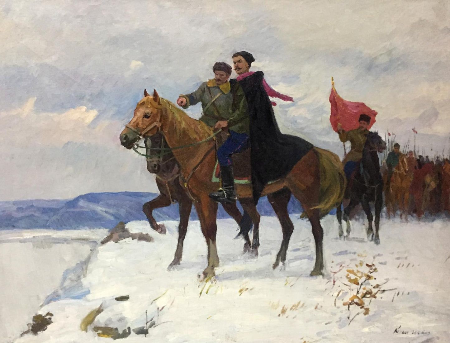 A painted canvas depicting two men on horseback in a snowy landscape, one wearing a dark cloak and the other in green military attire with yellow trim.
