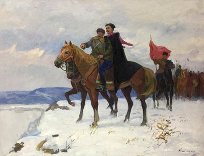 A painted canvas depicting two men on horseback in a snowy landscape, one wearing a dark cloak and the other in green military attire with yellow trim.