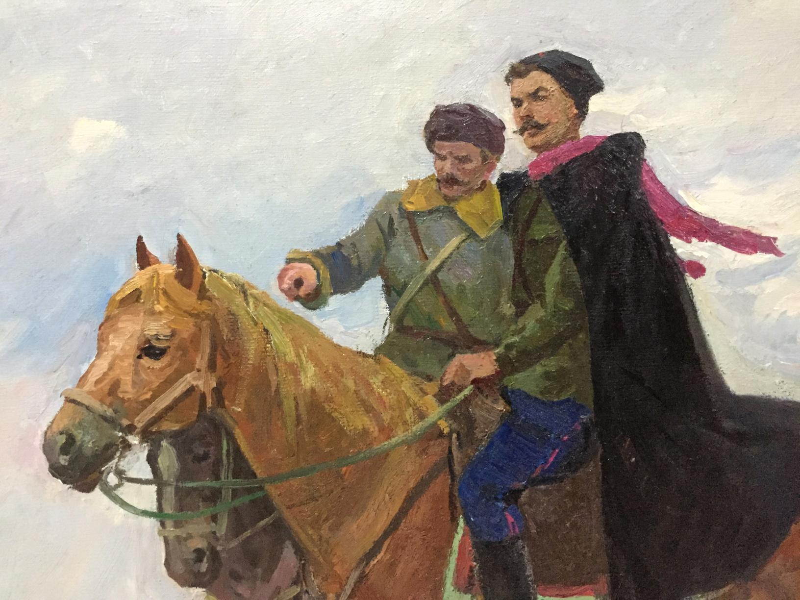 Oil painting of tan horse with dark bridle and green reins by Getmans Kogan-Shats