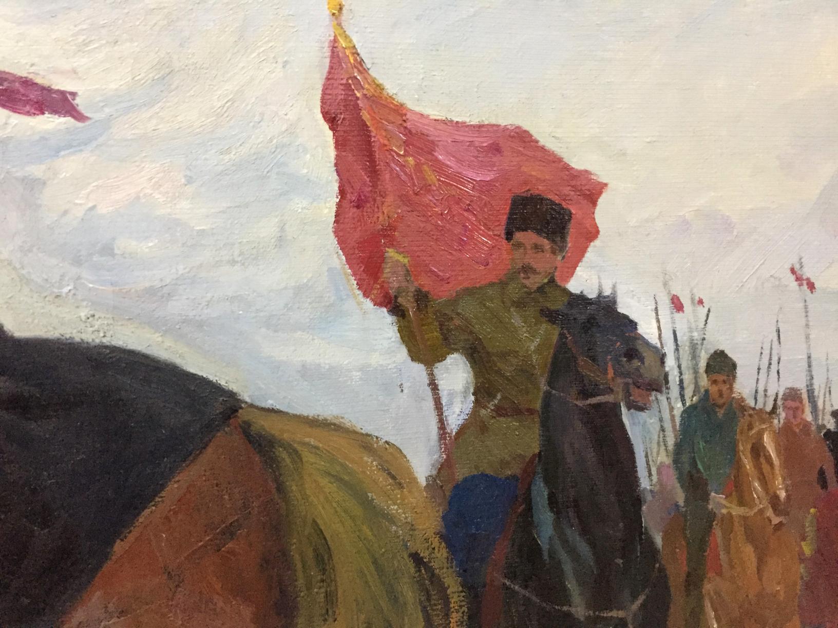 Oil painting of Getmans Kogan-Shats Matviy Borysovych: red flag with golden emblem above mounted figure