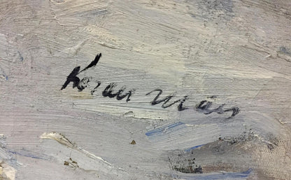 Back of oil painting by Getmans Kogan-Shats Matviy Borysovych with black cursive Klaus Wies signature on textured light gray surface