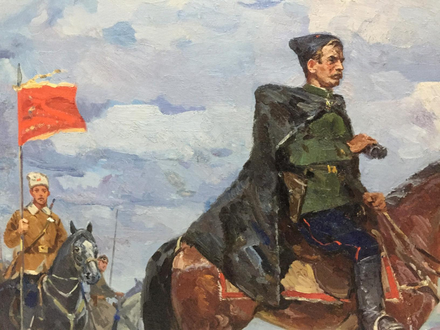 Oil painting of Chapaev by Khodchenko Lev Pavlovich, mounted soldier in green uniform