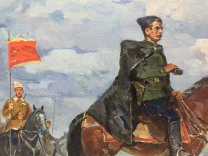 Oil painting of Chapaev by Khodchenko Lev Pavlovich, mounted soldier in green uniform