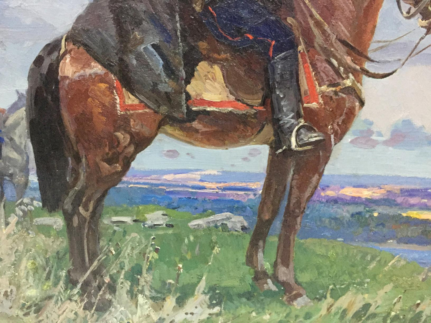 Oil painting of rich brown Chapaev horse by Khodchenko Lev Pavlovich in grassy field