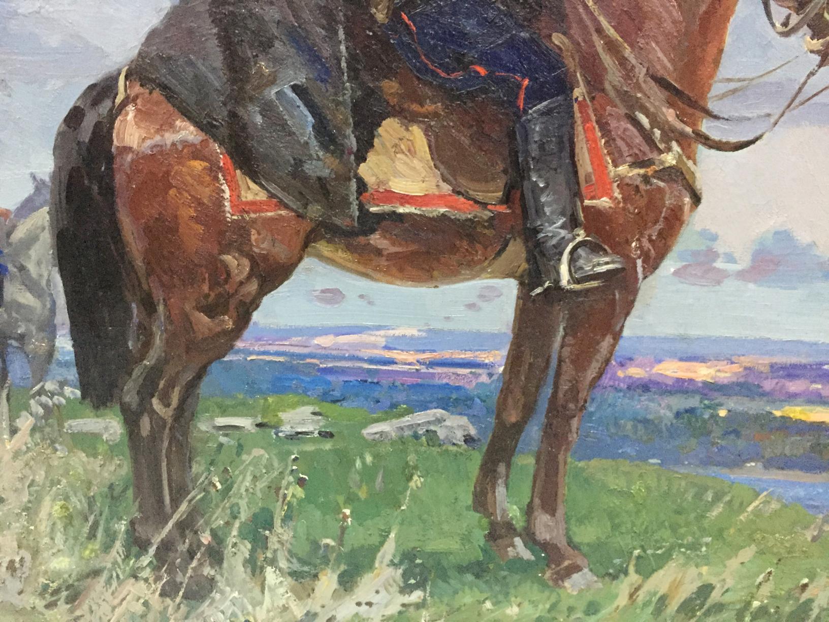 Oil painting of rich brown Chapaev horse by Khodchenko Lev Pavlovich in grassy field