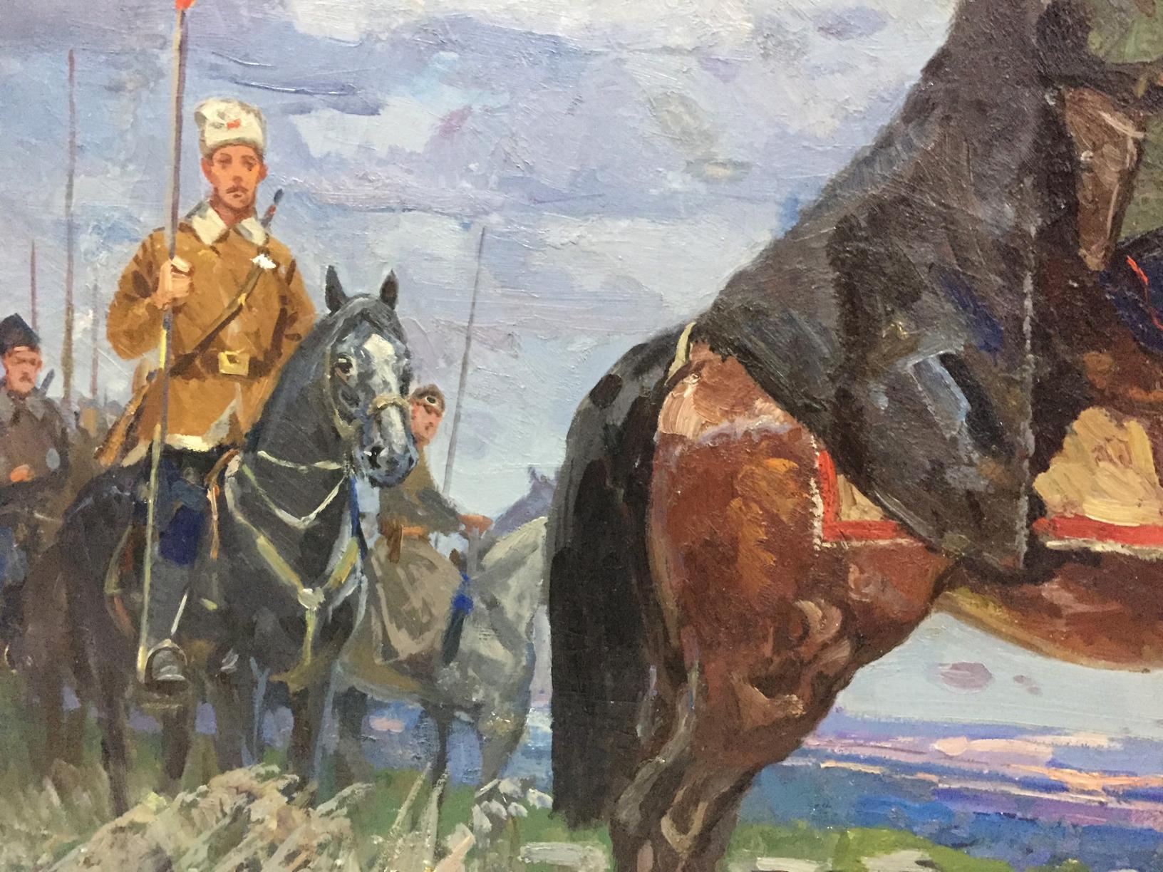 Oil painting of Chapaev by Khodchenko, Lev Pavlovich: glossy brown horse in harness