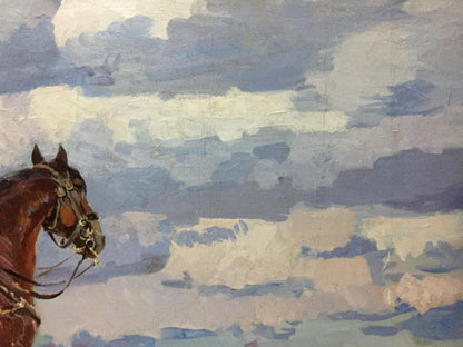 Oil painting Chapaev Khodchenko by Lev Pavlovich: rich brown horse with bridle amid impressionistic clouds