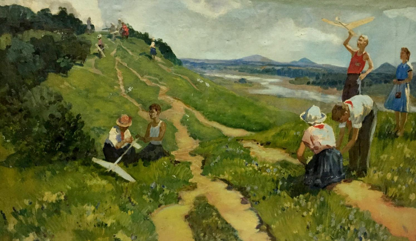 Oil painting of family on vacation: kids in colorful summer attire on grassy hillside