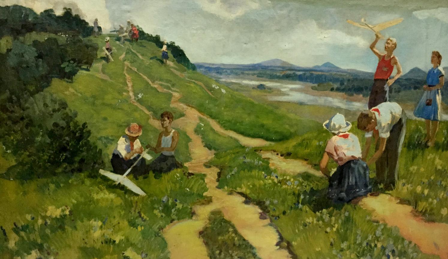 Oil painting of family on vacation: kids in colorful summer attire on grassy hillside