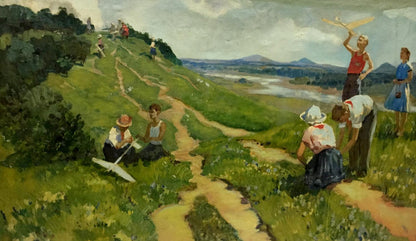 Oil painting of family on vacation: kids in colorful summer attire on grassy hillside