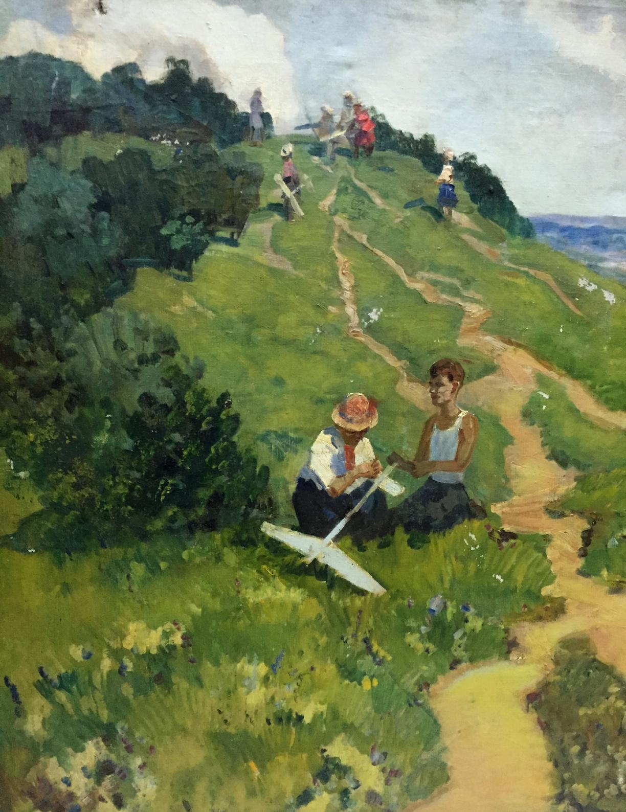 Oil painting of family on vacation: paper airplane on grassy hillside with couple