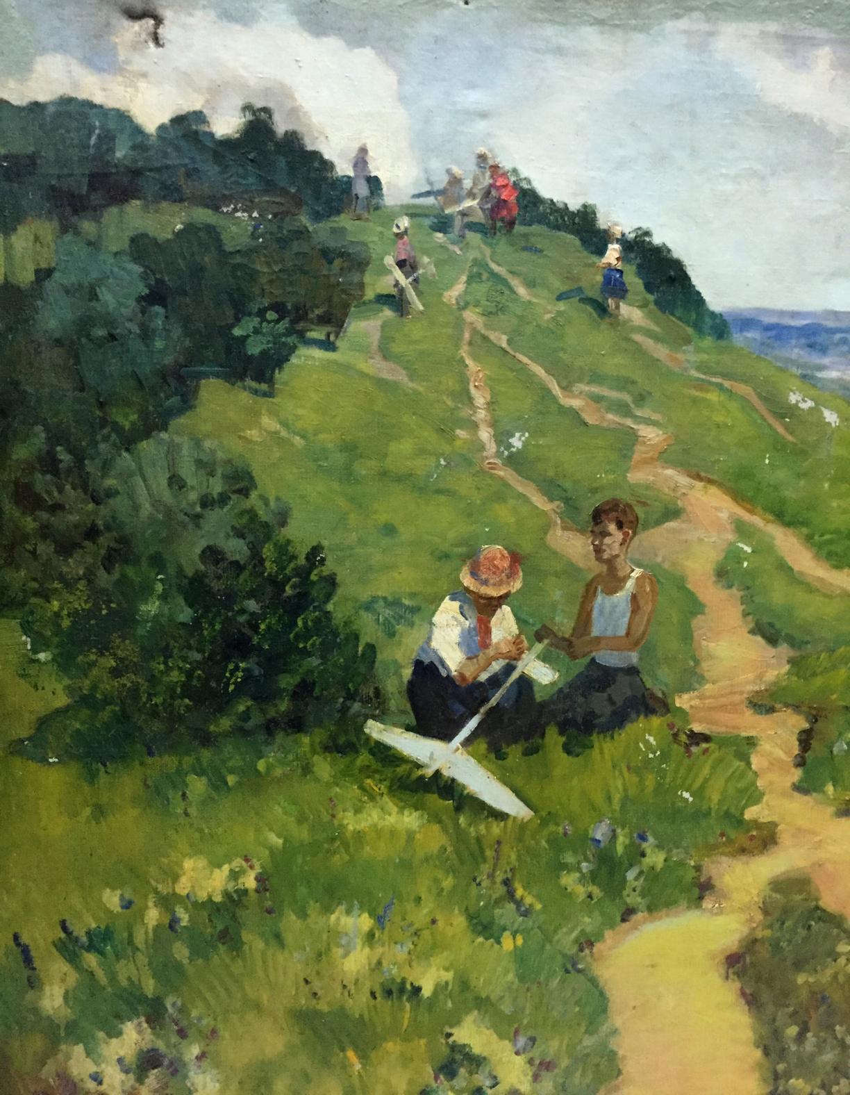 Vibrant oil painting of family on vacation on sunlit hillside path