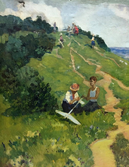 Vibrant oil painting of family on vacation on sunlit hillside path