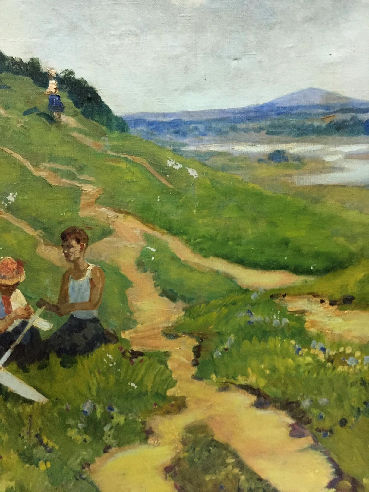 Vibrant impressionistic oil painting of sunlit hillside for family vacation