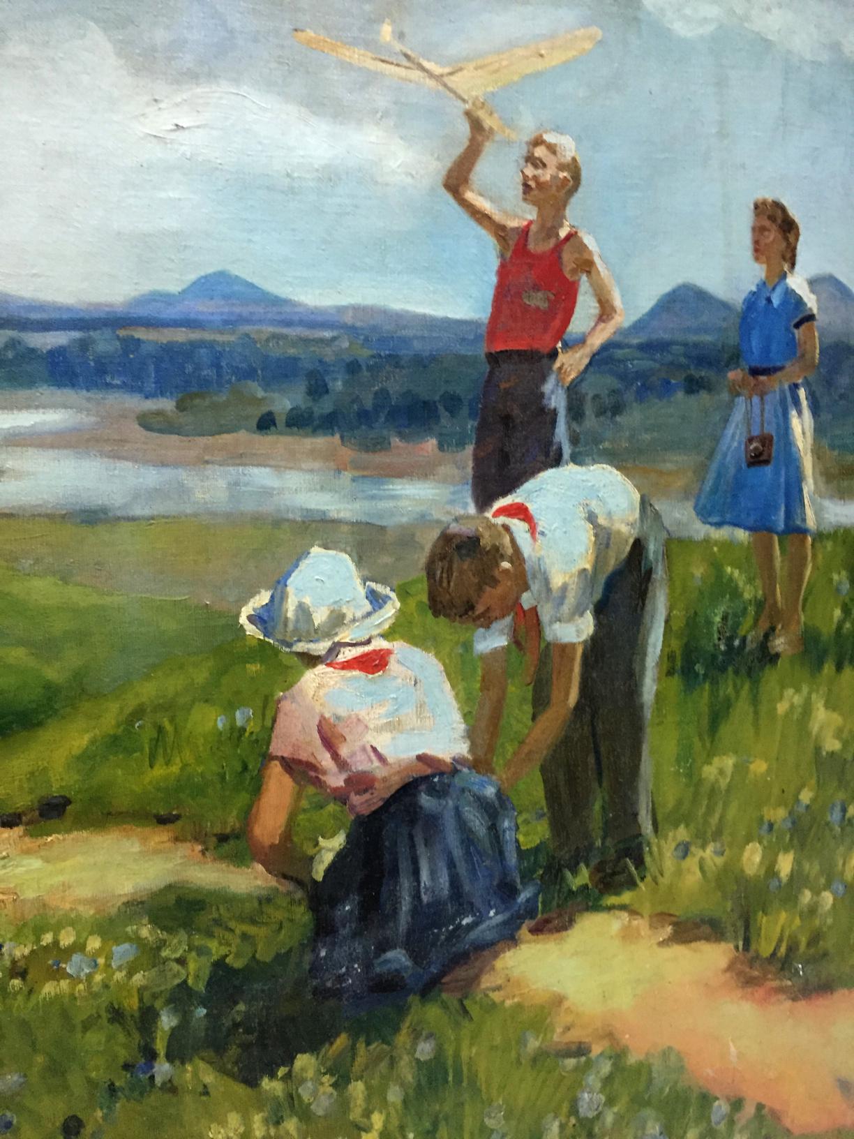 Oil painting of boy in red tank top holding wooden airplane on family vacation