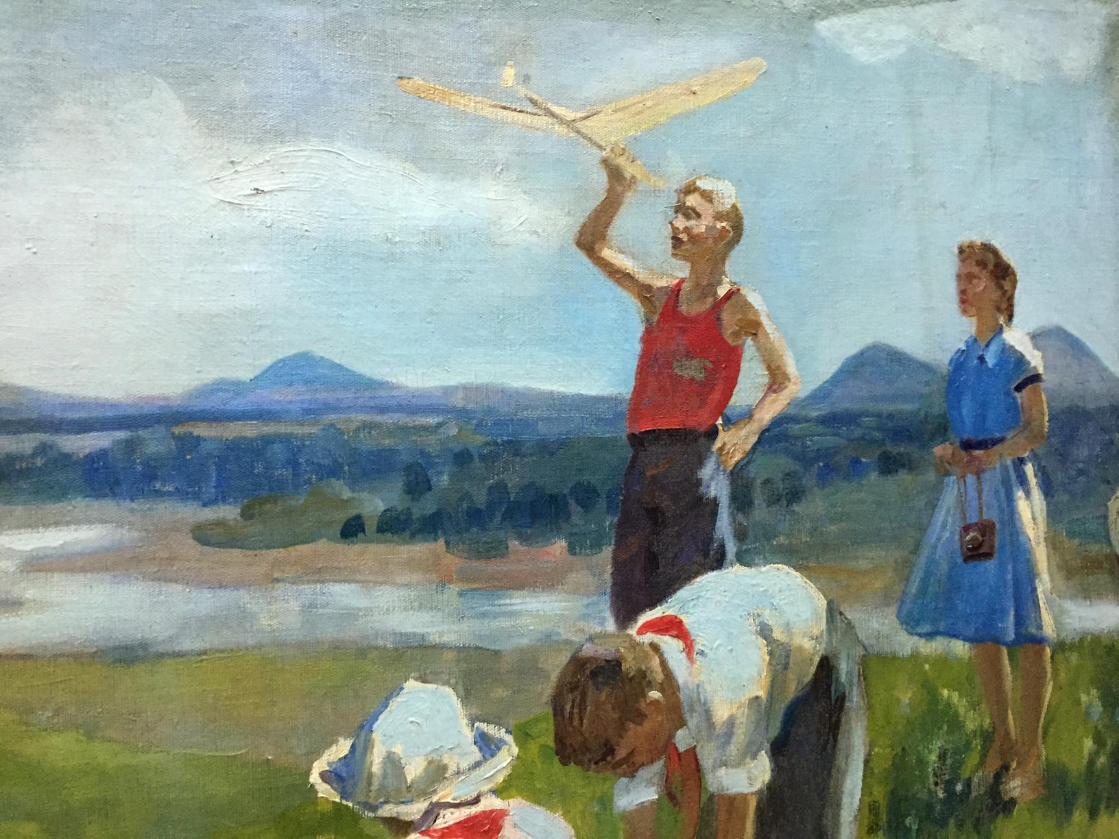 Oil painting Family on vacation with wooden model airplane