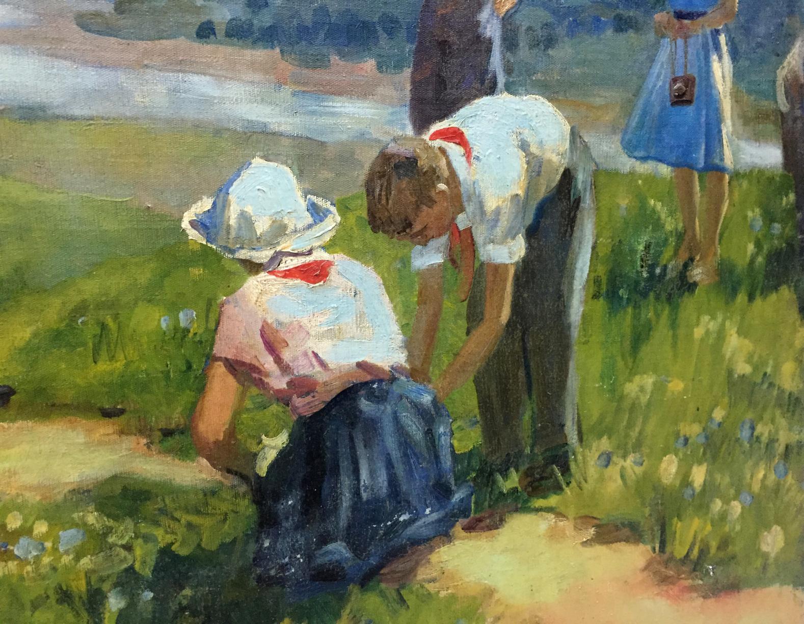 Oil painting of child in white hat helping adjust skirt on family vacation