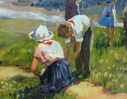 Oil painting of child in white hat helping adjust skirt on family vacation
