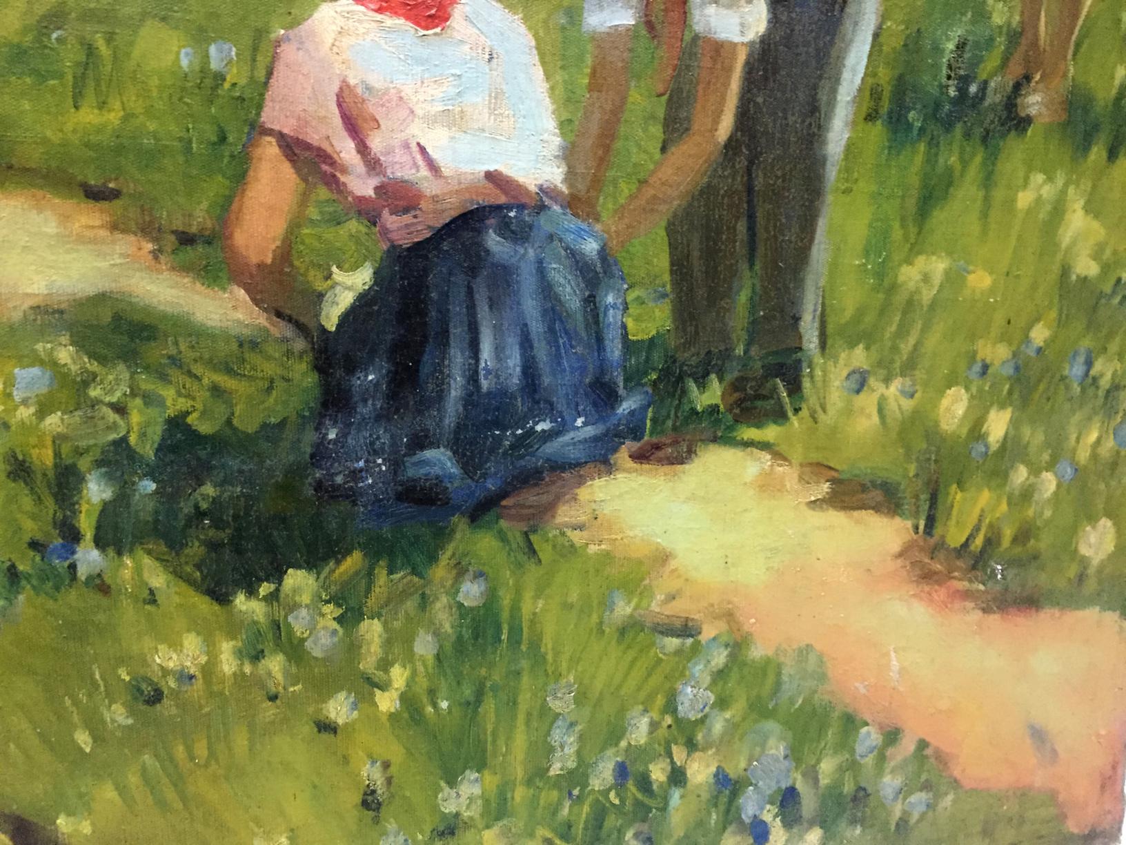 Oil painting of woman in pink top and blue skirt on grass with wildflowers