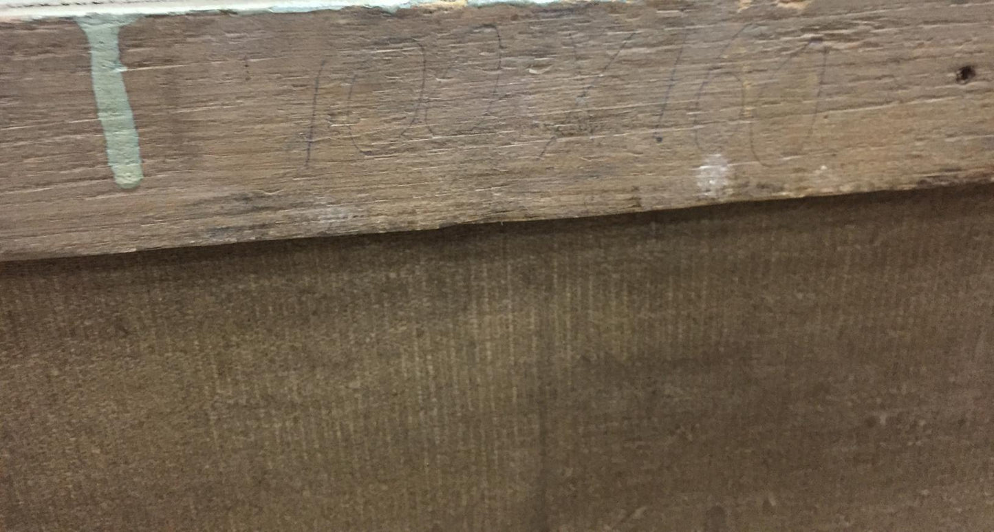 Back of oil painting Family on vacation: weathered wooden beam with faded green paint streaks and faint pencil markings