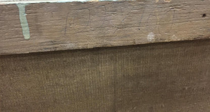 Back of oil painting Family on vacation: weathered wooden beam with faded green paint streaks and faint pencil markings