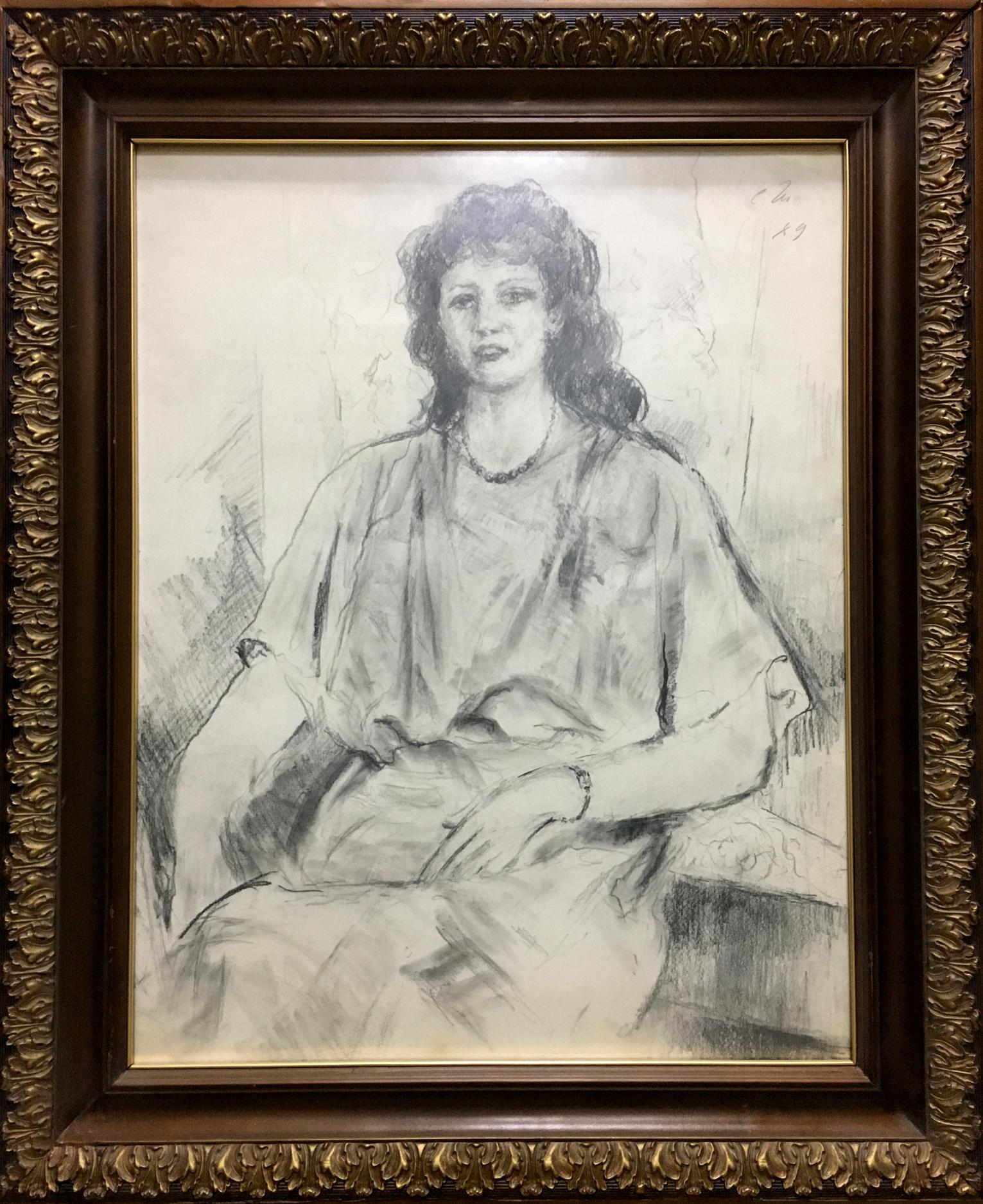 Ornate dark wood frame with gold leaf encasing Shishko Sergey Fedorovich ink nurse portrait