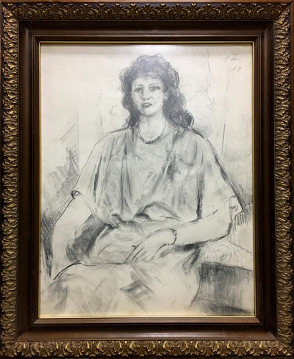 Ornate dark wood frame with gold leaf encasing Shishko Sergey Fedorovich ink nurse portrait