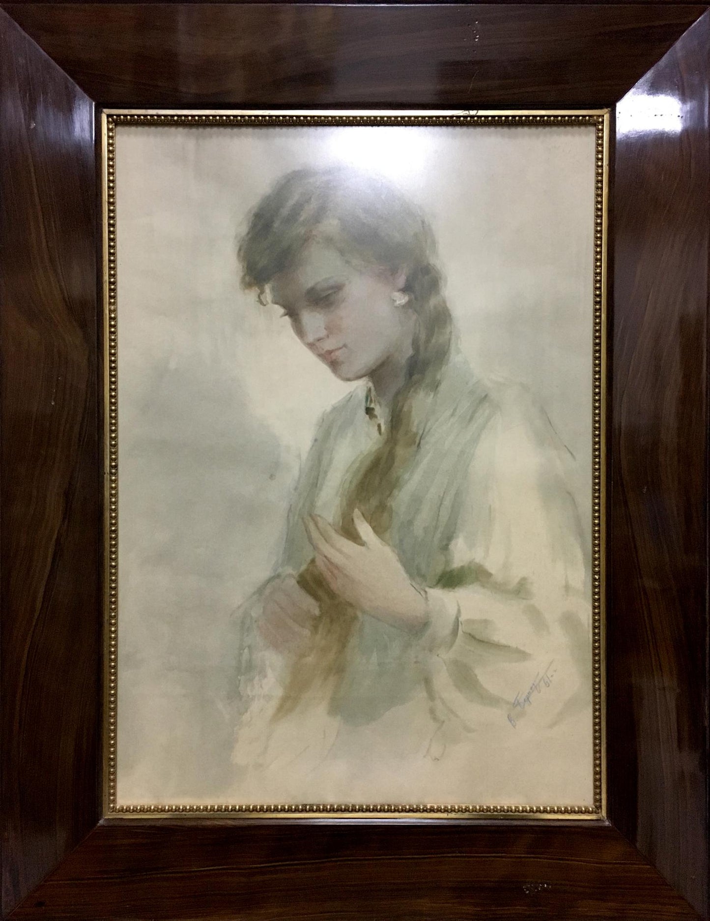 Framed watercolor portrait of girl by Bernadsky Valentin Danilovich