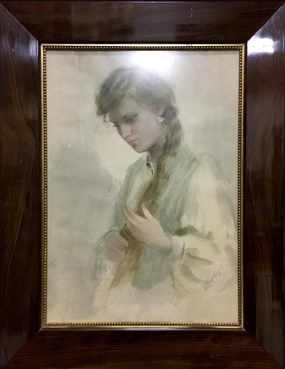 Framed watercolor portrait of girl by Bernadsky Valentin Danilovich