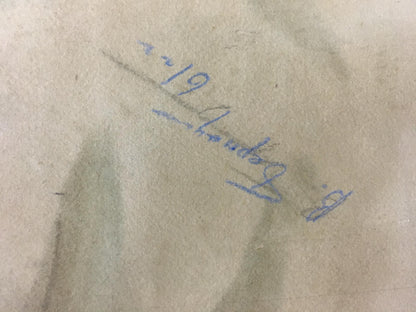 Back of watercolor portrait by Valentin Danilovich Bernadsky with J signature on beige fabric