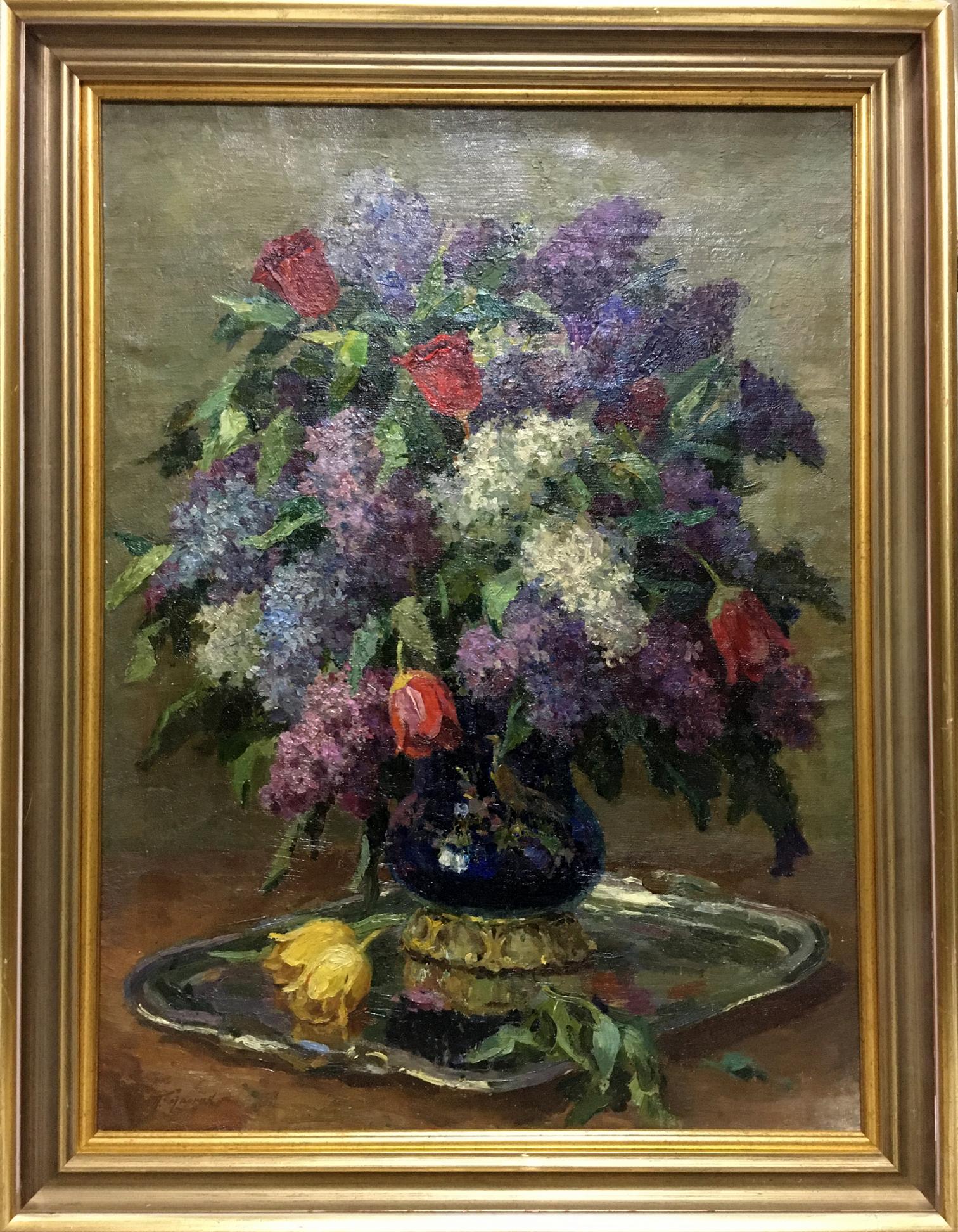 Oil painting of lilacs, roses and tulips in blue vase on silver tray