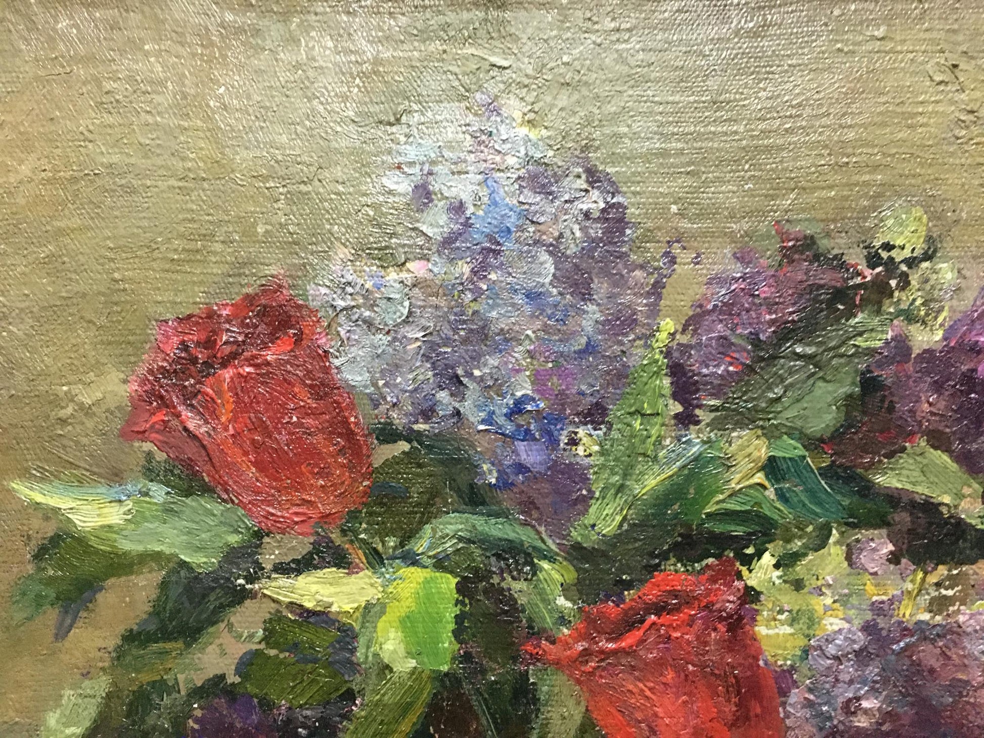 Vibrant red roses, purple lilacs and tulips in morning oil painting on canvas