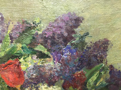 Oil painting of lilacs and tulips in the morning by unknown artist