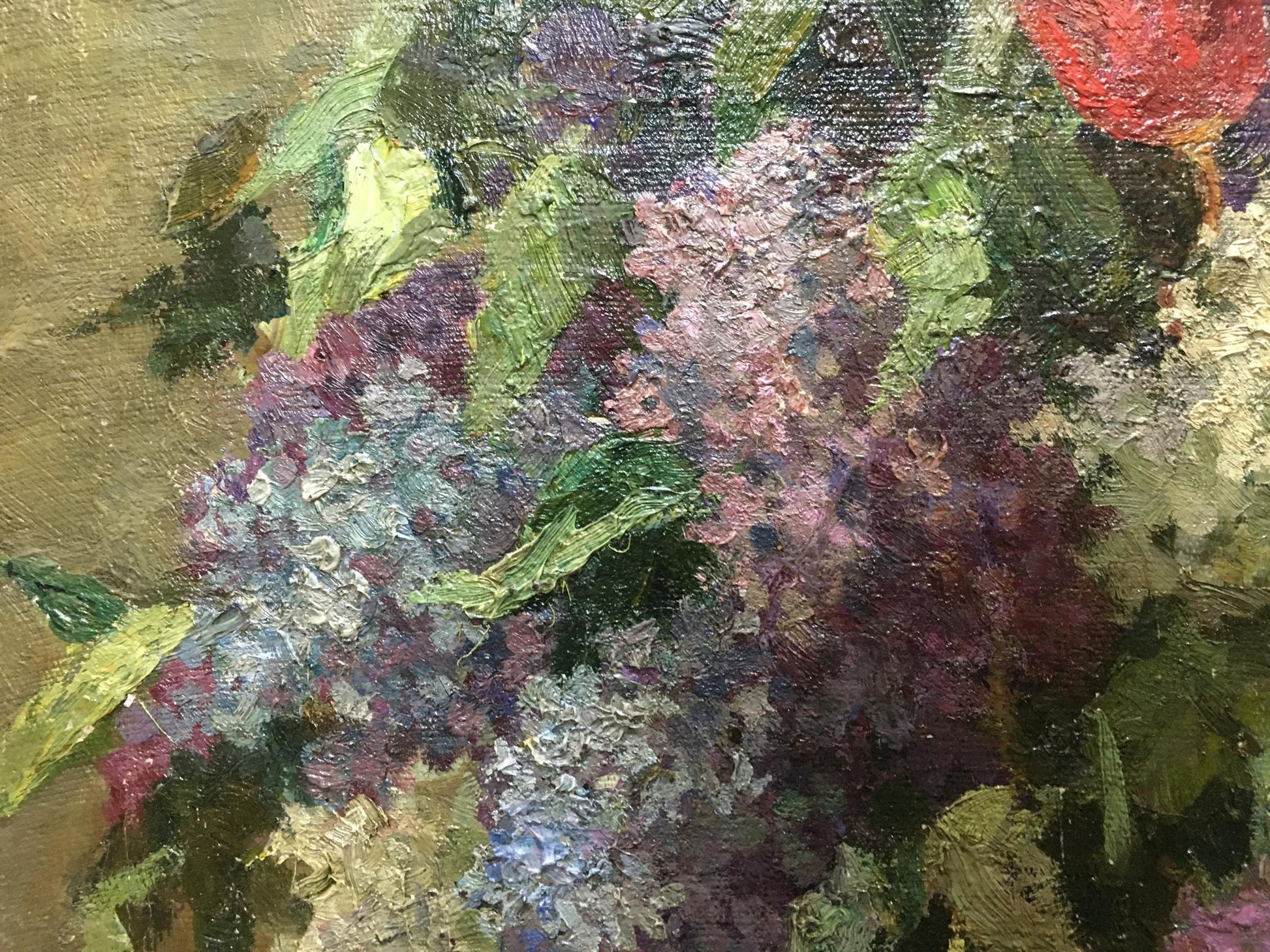 Textured oil painting of vibrant lilacs, tulips, and hydrangeas