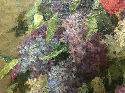 Textured oil painting of vibrant lilacs, tulips, and hydrangeas