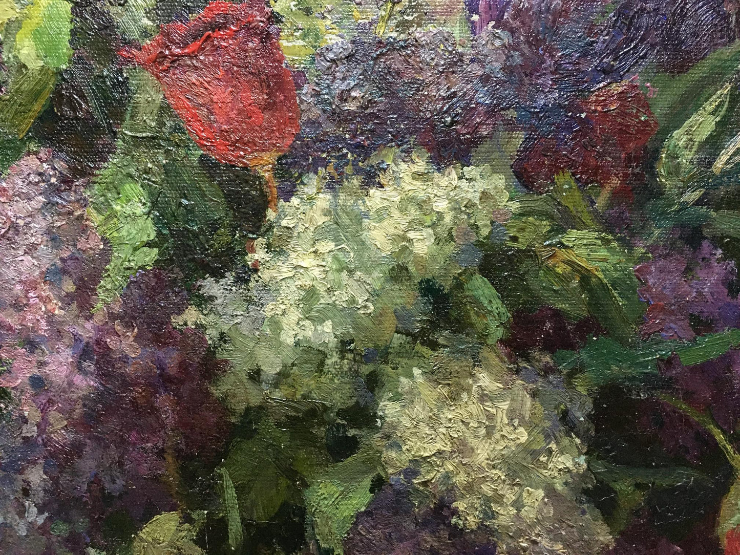 Vibrant red rose amid purple white hydrangeas in lilacs tulips oil painting