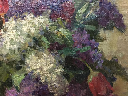 Oil painting of lilacs and tulips in morning by unknown artist