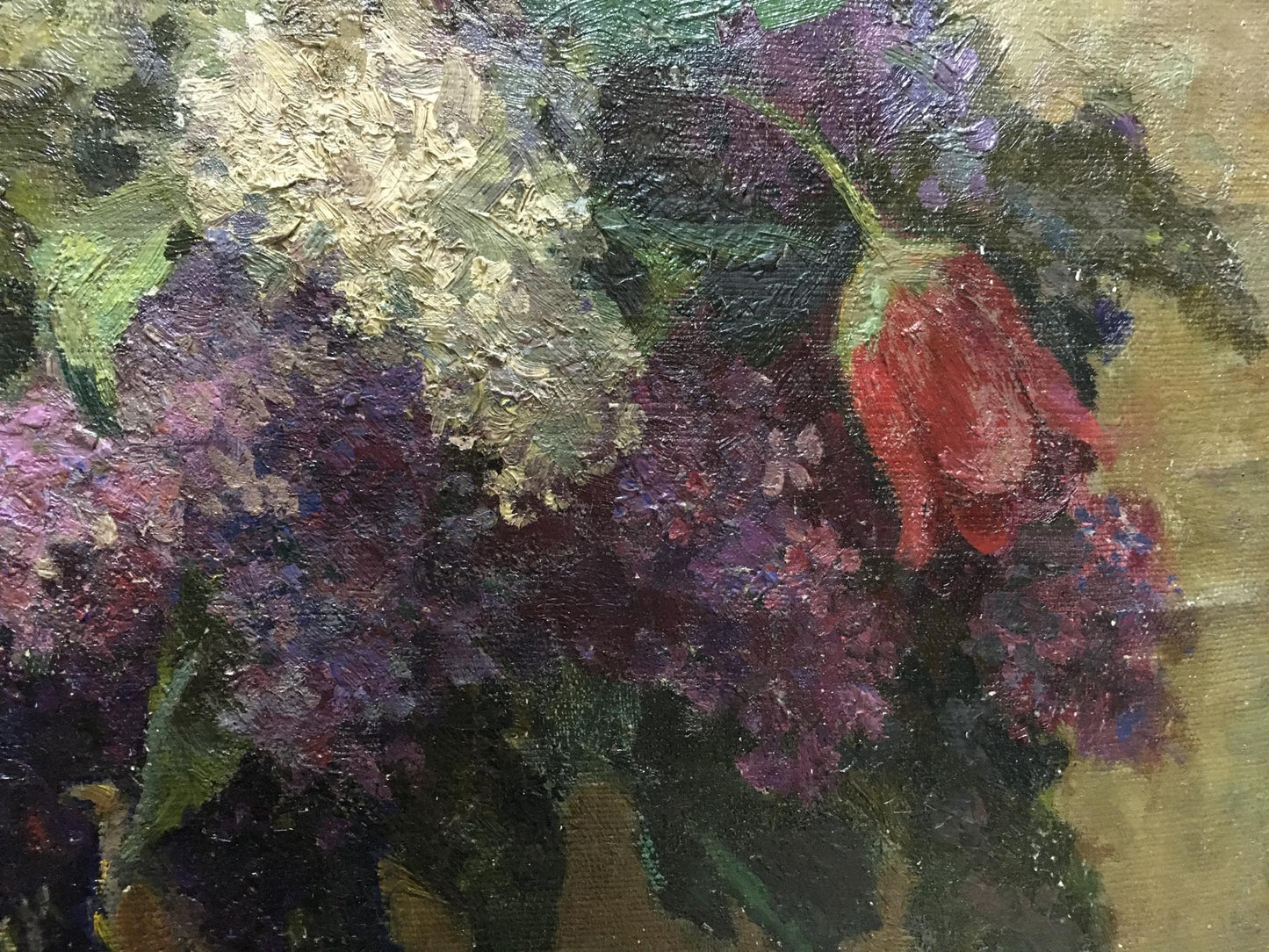 Oil painting of lilacs and tulips in the morning by unknown artist